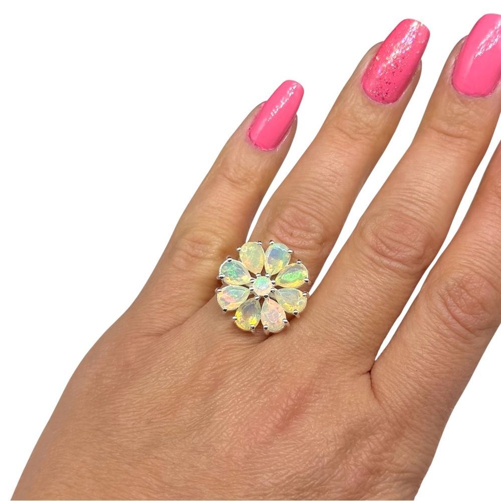 Ethiopian Fire Opal Flower Ring Solid 925 Sterling Silver Size 10 - Picture 2 of 10